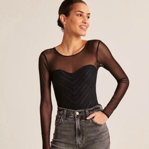 Abercrombie & Fitch Black Lace Sheer Long Sleeve Bodysuit